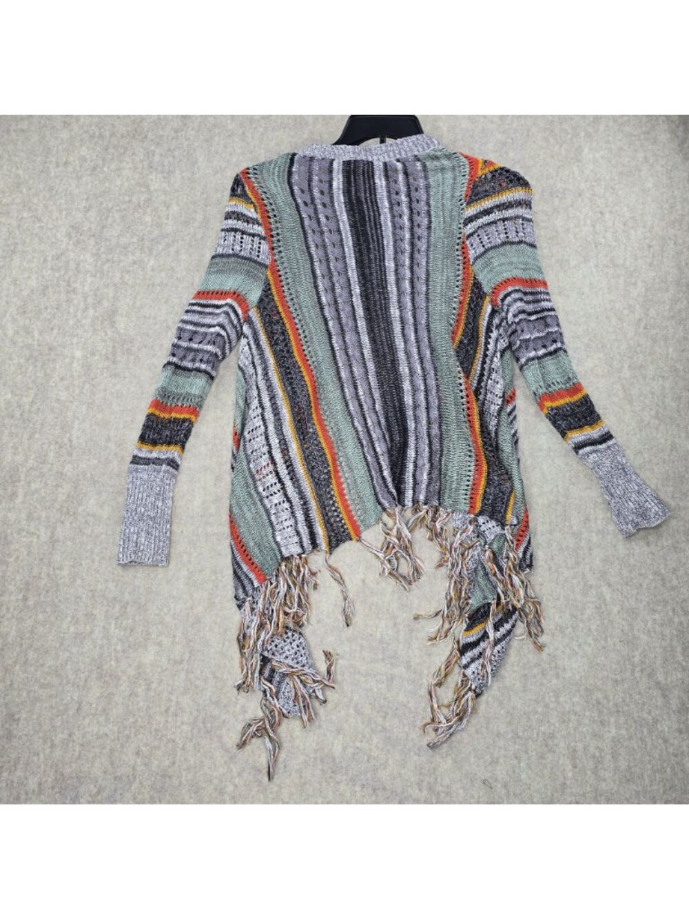 POOF Boho Fringe Knit Cardigan Sweater Multicolor Open-Front Striped Lightweight - Picture 2 of 7